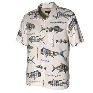 Quiksilver Waterman Men's Short Sleeve Button-Up Shirt Sz L Hawaiian Fish Beach